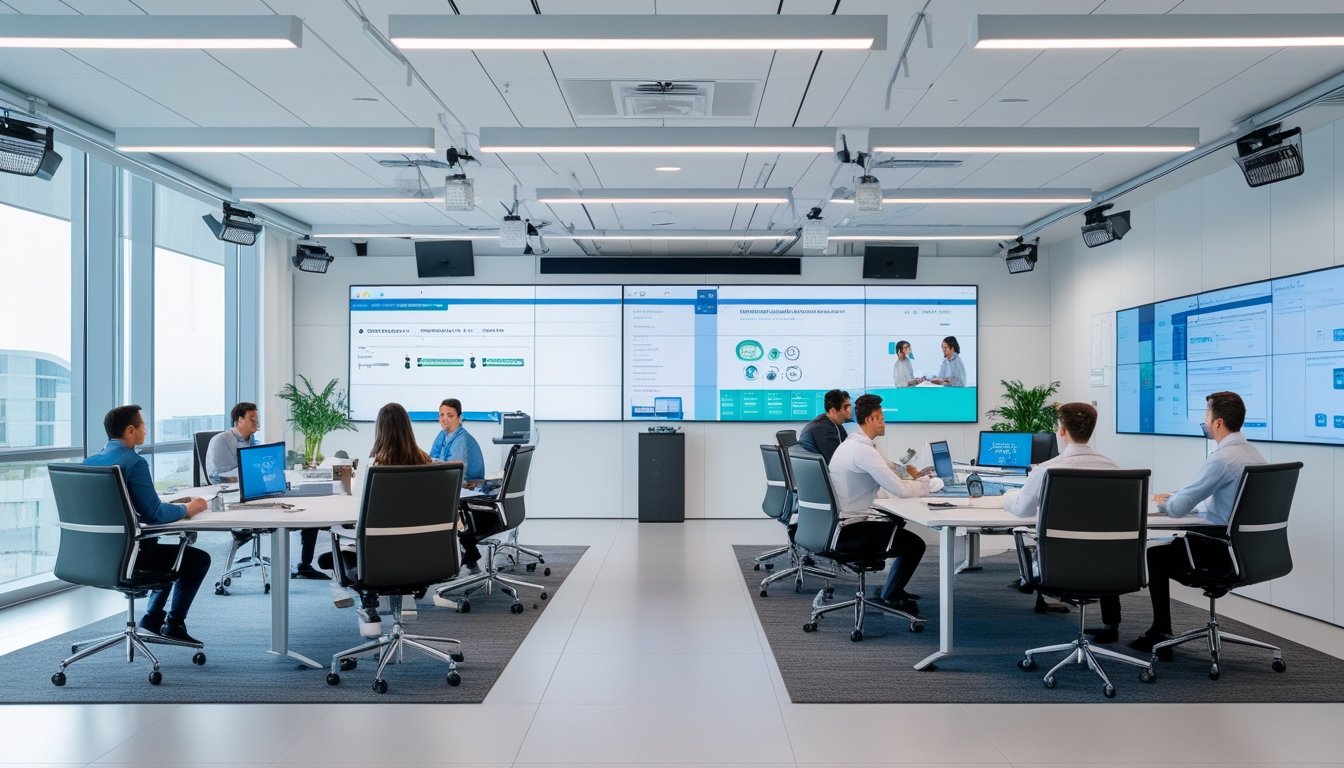 Ruang kantor modern dengan peralatan audio visual canggih dan beberapa orang sedang rapat menggunakan teknologi video konferensi.