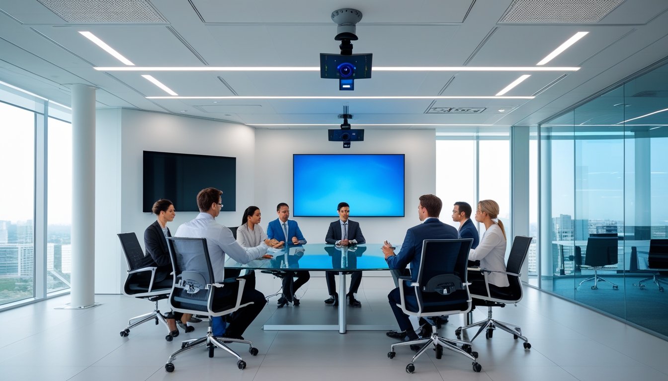 Ruang kantor modern dengan peralatan audio visual canggih dan beberapa profesional sedang rapat.