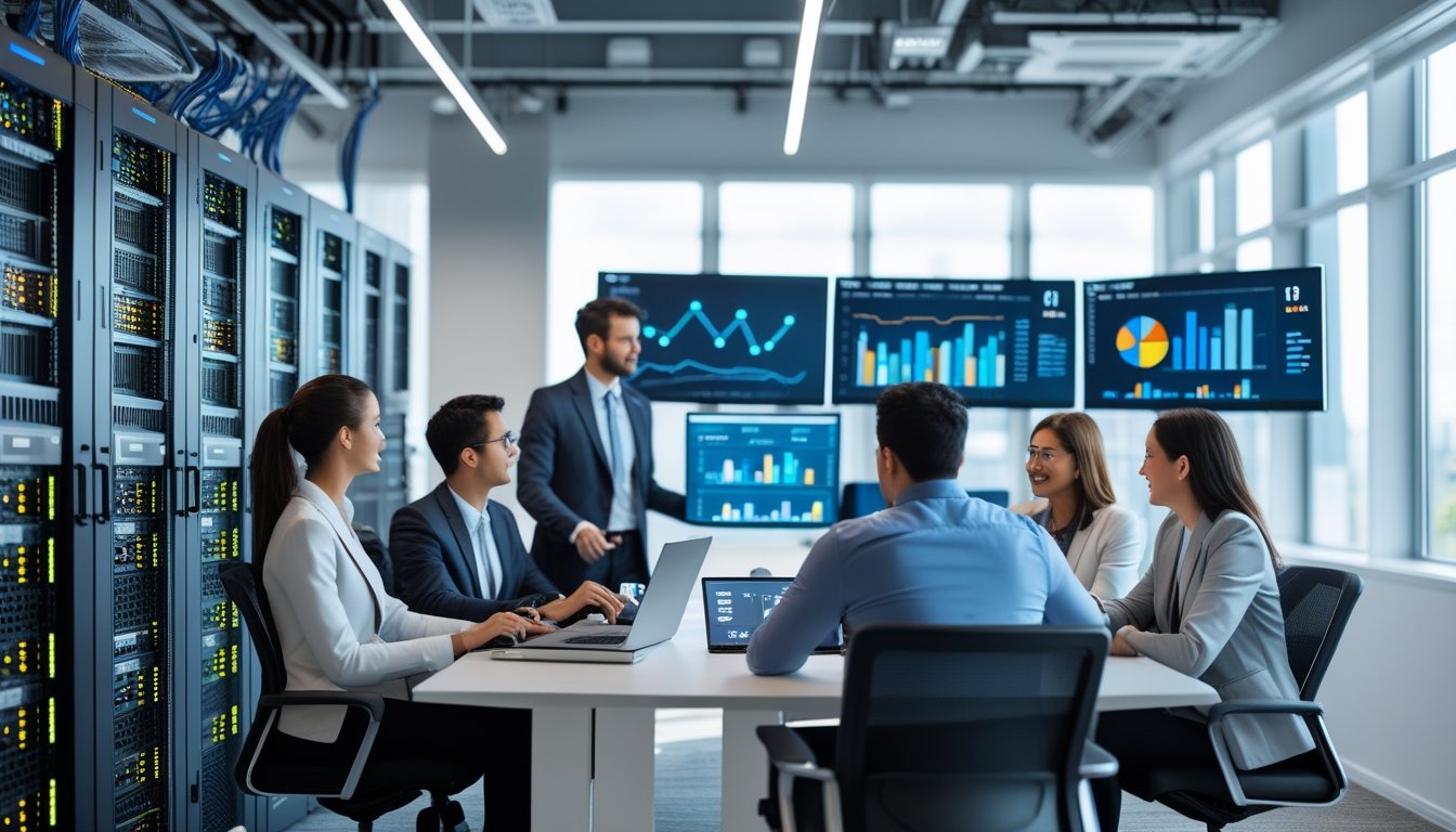 Tim profesional IT sedang bekerja bersama di kantor modern dengan peralatan jaringan dan server yang terlihat.