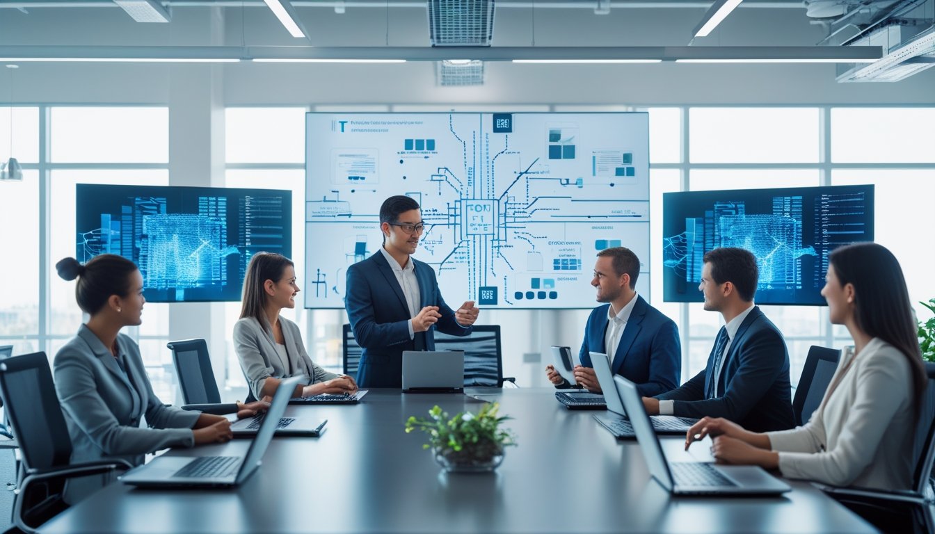 Sekelompok pekerja kantor sedang berdiskusi di ruang rapat dengan laptop dan peralatan jaringan, menampilkan suasana kerja teknologi yang modern.