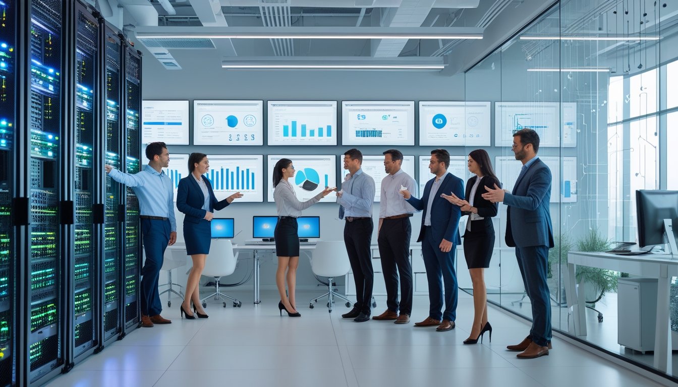 Tim profesional IT sedang bekerja dan berdiskusi di kantor modern dengan server dan komputer yang menampilkan data jaringan.