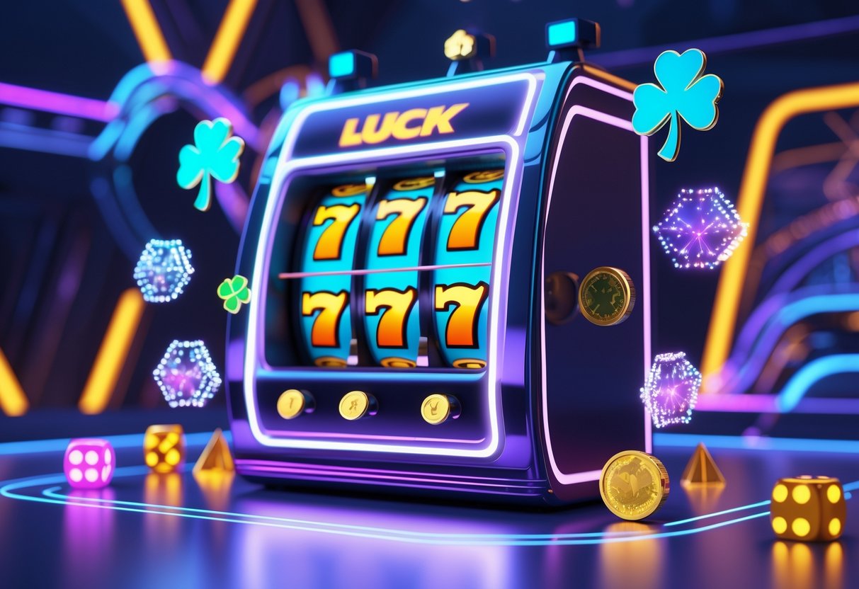 Mesin slot digital berwarna cerah dengan simbol keberuntungan di latar kasino futuristik.