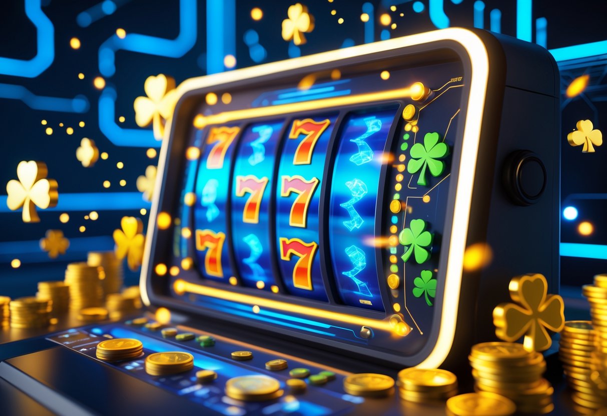 Mesin slot digital dengan simbol berwarna-warni berputar dan elemen keberuntungan seperti daun semanggi dan koin mengelilinginya.
