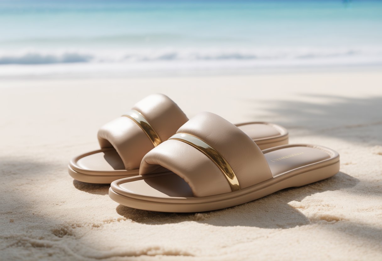 Prabangios paplūdimio šlepetės ant balto smėlio prie jūros kranto.