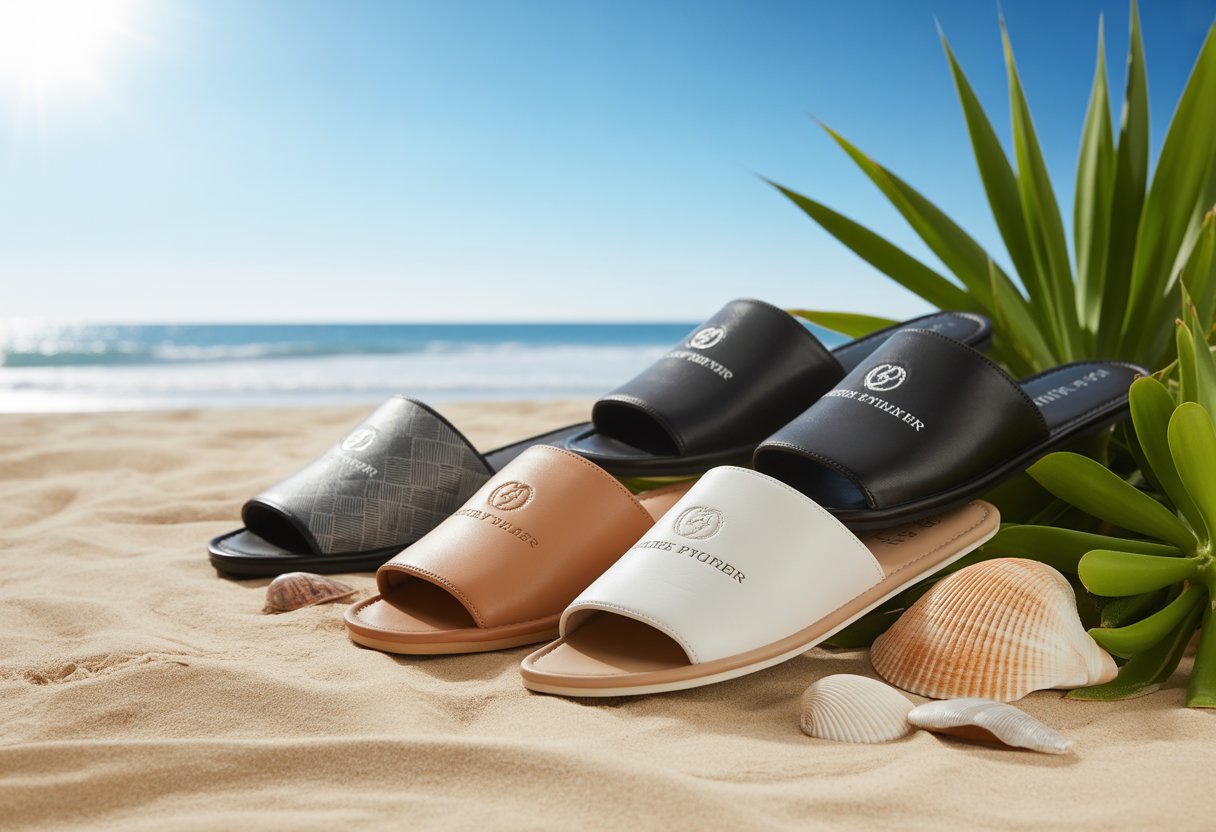 Prabangios paplūdimio šlepetės ant smėlio šalia jūros ir tropinių augalų.