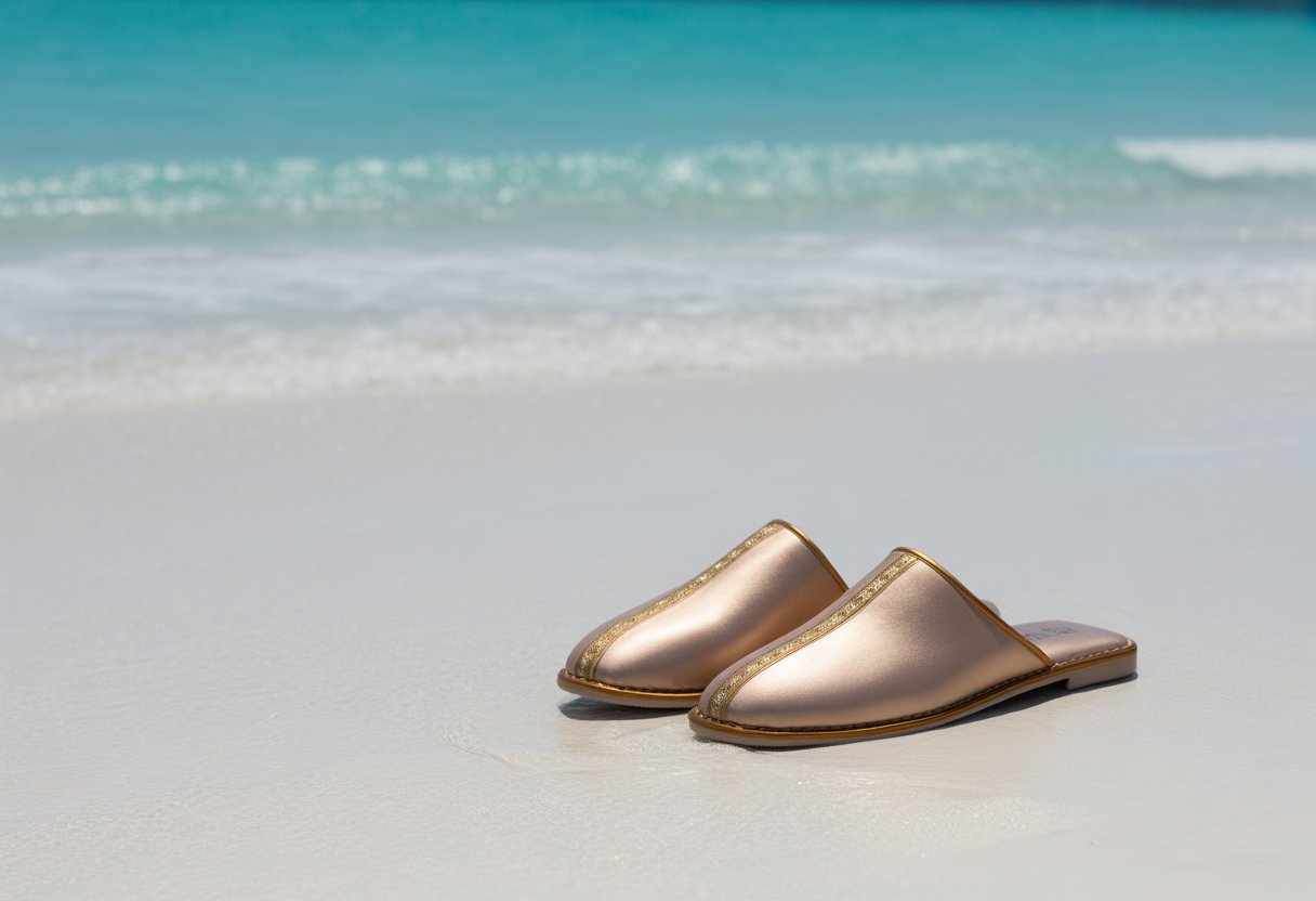 Prabangios paplūdimio šlepetės ant balto smėlio prie jūros kranto.