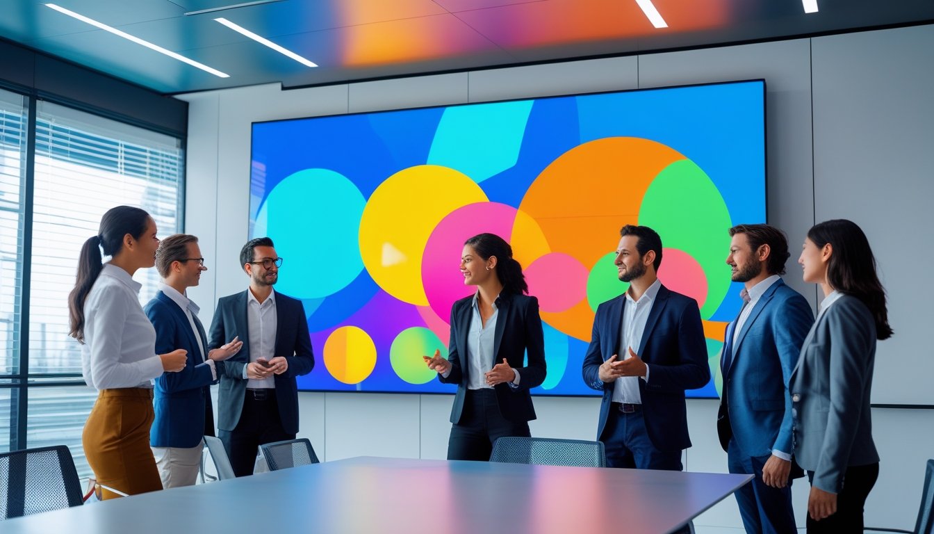 Sekelompok profesional sedang berdiskusi di depan layar LED besar di dalam ruangan kantor modern.