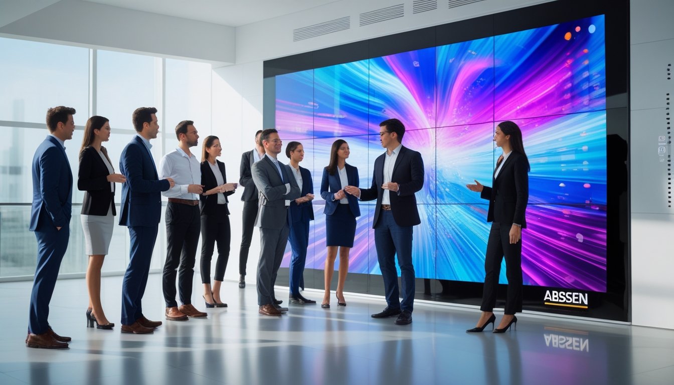 Sekelompok profesional berdiskusi di depan layar LED besar di dalam ruangan modern.