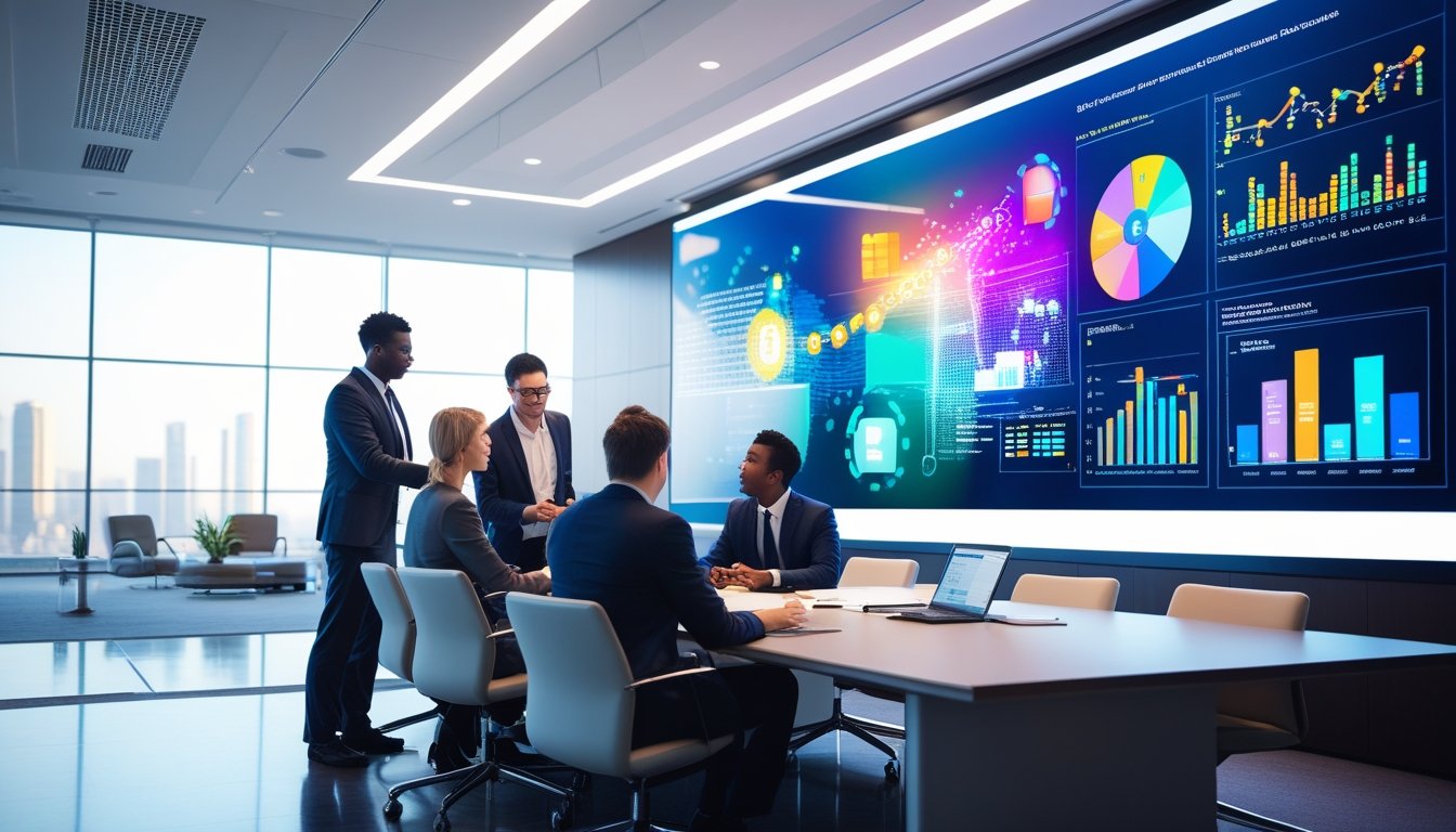 Ruang konferensi kantor modern dengan layar LED besar menampilkan grafik warna-warni, beberapa profesional bisnis sedang berdiskusi dan bekerja sama.