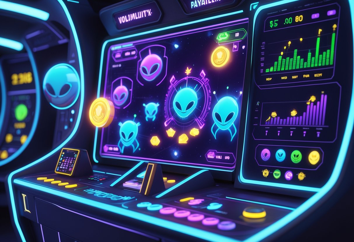 Ilustrasi profesional yang menampilkan karakter alien berwarna-warni dalam permainan arcade futuristik dengan panel kontrol dan grafik yang menunjukkan fitur dan pola kemenangan.