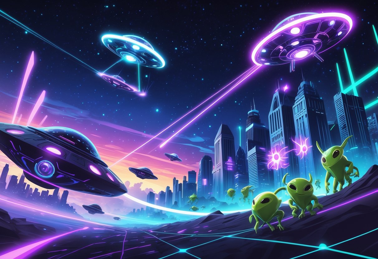 Adegan luar angkasa dengan pesawat alien dan makhluk asing yang mendekati kota bergaya Quebec di latar depan.