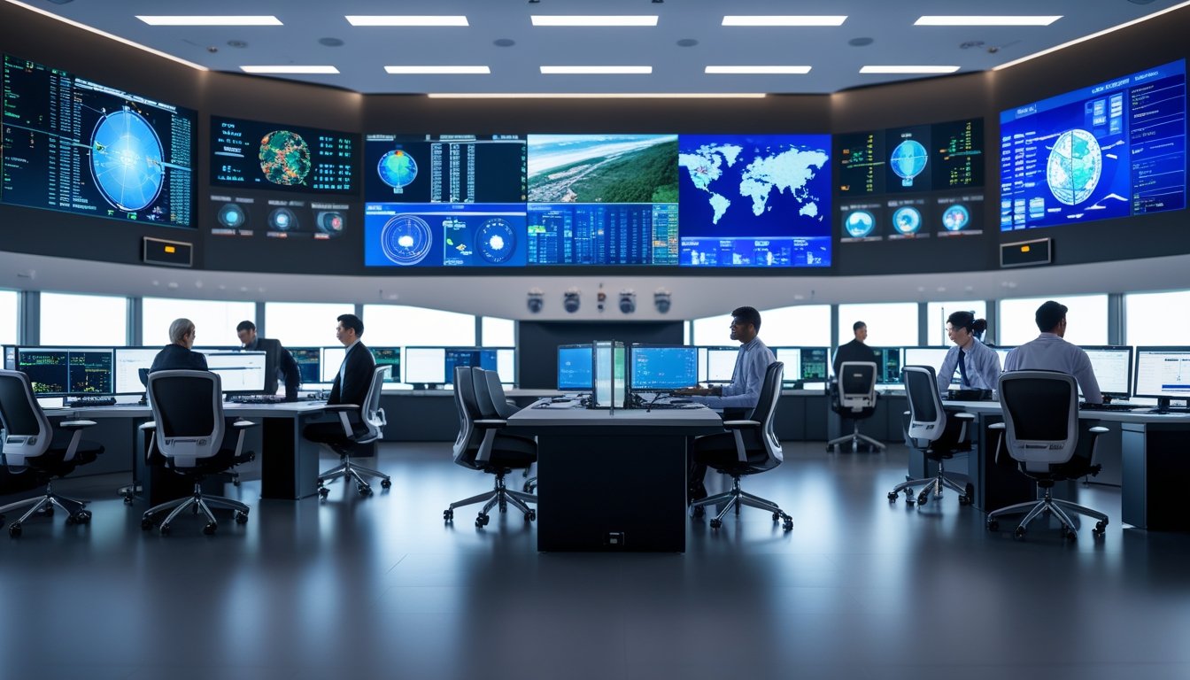 Ruang kendali modern dengan beberapa profesional yang sedang bekerja di depan layar besar dan komputer.