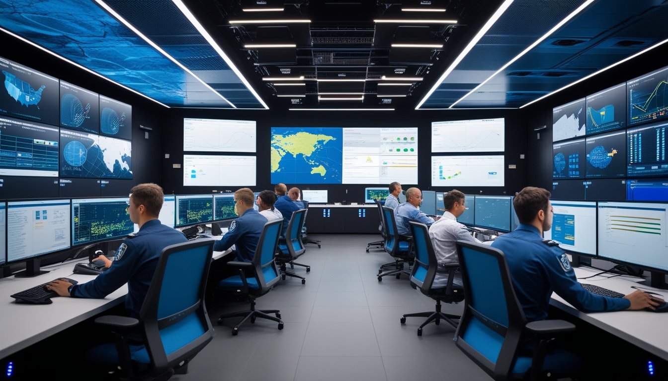 Ruangan command center modern dengan beberapa layar besar dan profesional yang sedang bekerja memantau data.