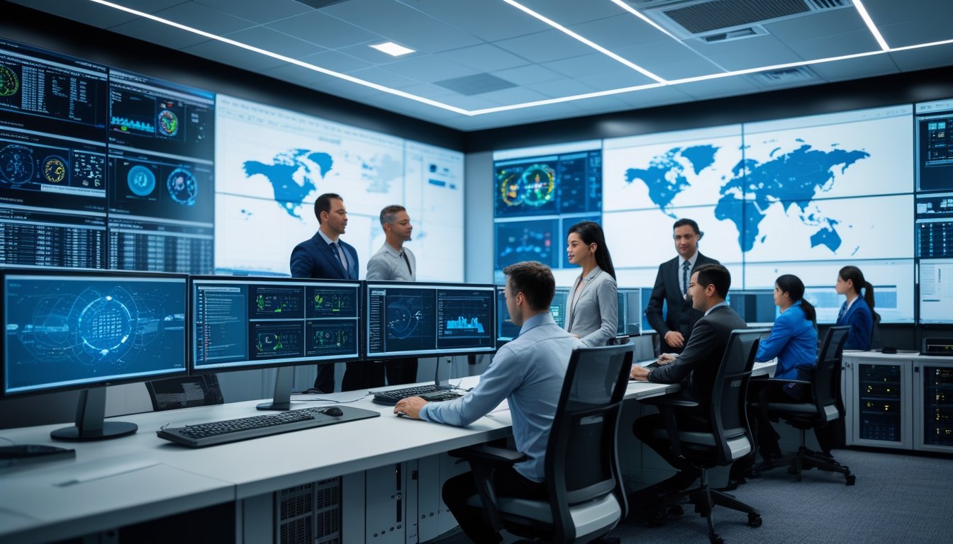 Pusat kendali modern dengan beberapa profesional yang bekerja di depan layar besar menampilkan data dan peta secara real-time.