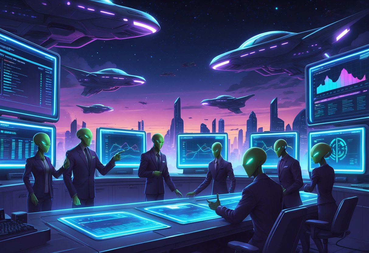 Sebuah ruang kontrol futuristik dengan layar holografik yang menampilkan data dan pola kemenangan, dikelilingi oleh analis manusia dan alien, dengan pesawat luar angkasa di latar belakang kota digital.