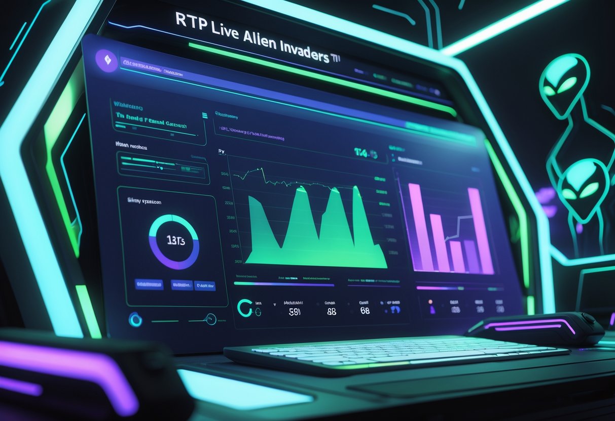 Tampilan antarmuka futuristik dengan grafik dan data real-time tentang permainan Alien Invaders, menampilkan karakter alien dan elemen teknologi.