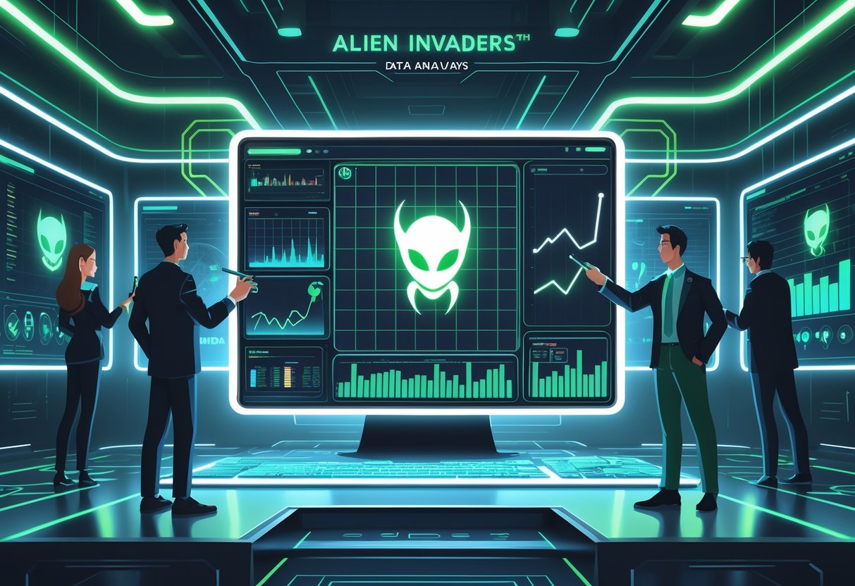 Seorang analis sedang mempelajari data dan grafik yang menampilkan pola kemenangan dalam permainan Alien Invaders di sebuah ruang kontrol futuristik dengan layar hologram dan elemen luar angkasa.
