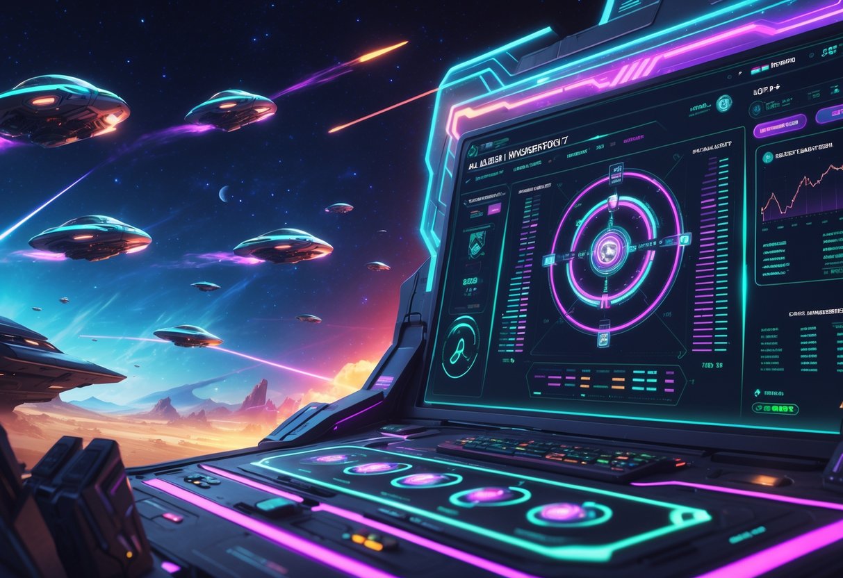 Ilustrasi pemandangan pertempuran luar angkasa dengan pesawat alien dan tampilan data digital yang menunjukkan analisis permainan berdasarkan ribuan putaran pemain.