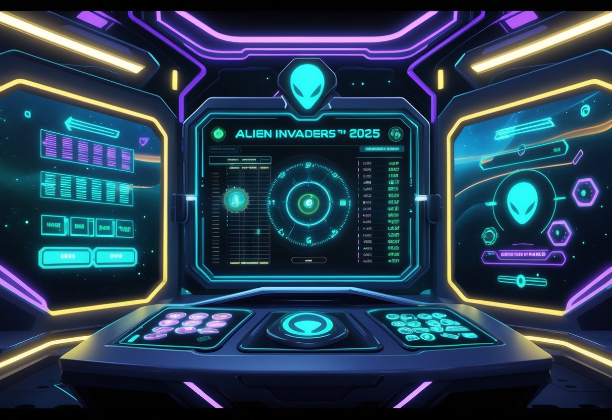 Antarmuka permainan futuristik dengan panel kontrol dan tampilan holografik yang menampilkan data dan pesawat luar angkasa alien.