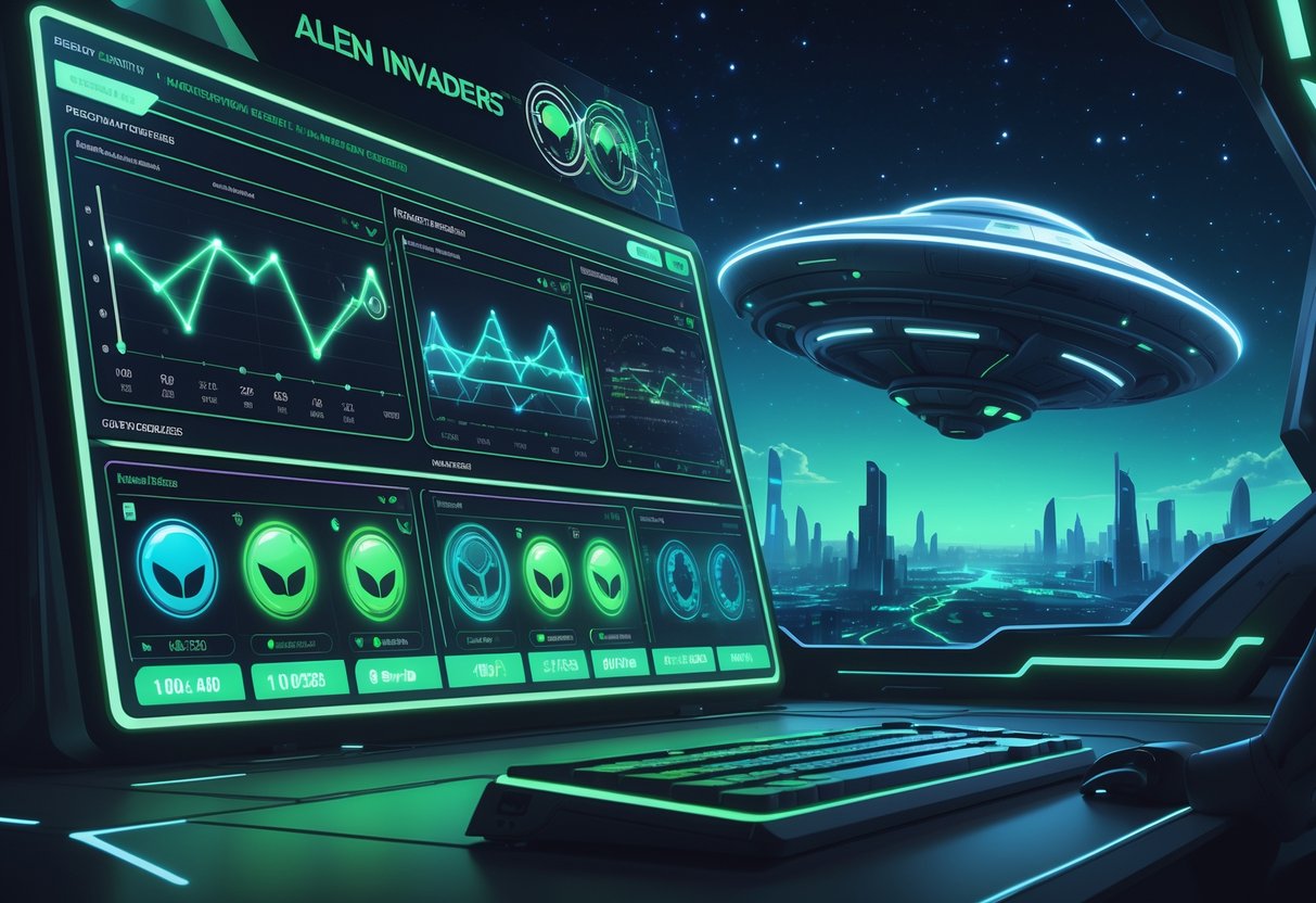 Ilustrasi papan kontrol futuristik dengan grafik dan simbol alien, latar belakang kota modern dan pesawat luar angkasa di langit malam.