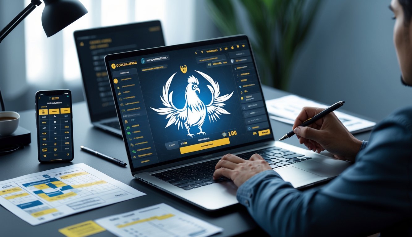 Seseorang yang serius sedang menganalisis strategi di depan laptop dengan tampilan permainan sabung ayam online dan catatan strategi di meja.