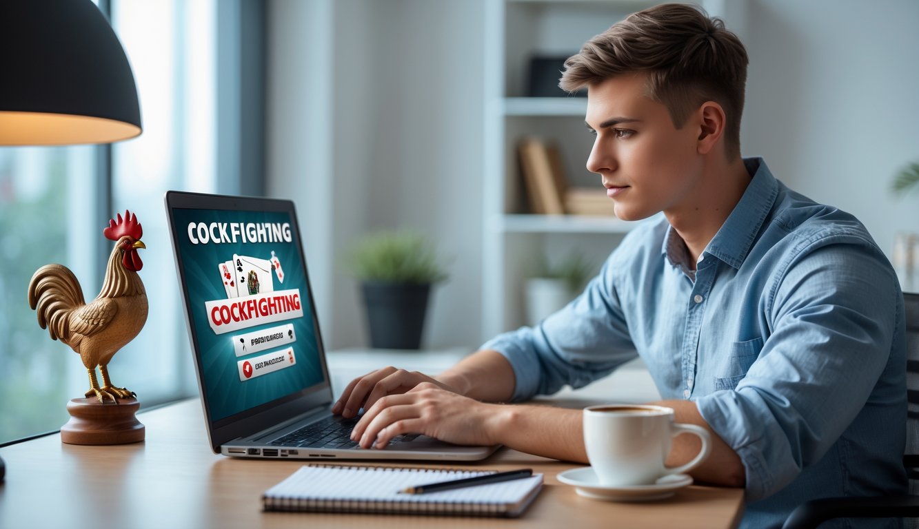 Seorang pria muda duduk di meja dengan laptop, belajar tentang taruhan sabung ayam online, di ruangan yang terang dan rapi.