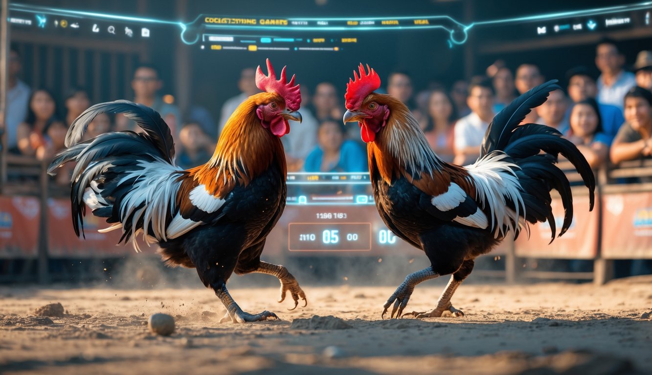 Dua ayam petarung sedang bertarung di arena dengan penonton yang antusias di sekitarnya.