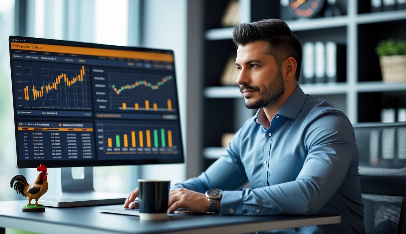 Seorang pria duduk di meja kantor modern sambil melihat layar komputer yang menampilkan grafik dan statistik taruhan online, dengan suasana profesional dan fokus.