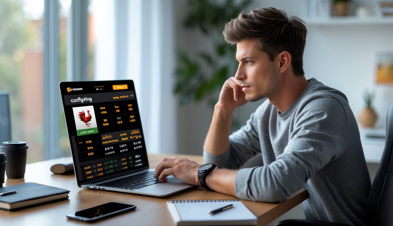 Seorang pria muda duduk di meja dengan laptop, fokus pada layar yang menampilkan platform taruhan sabung ayam online, di ruang kerja rumah yang rapi dan terang.