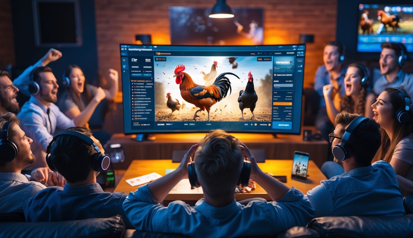 Beberapa orang menonton pertarungan ayam jago secara online di layar komputer dengan ekspresi antusias di sebuah ruangan modern.