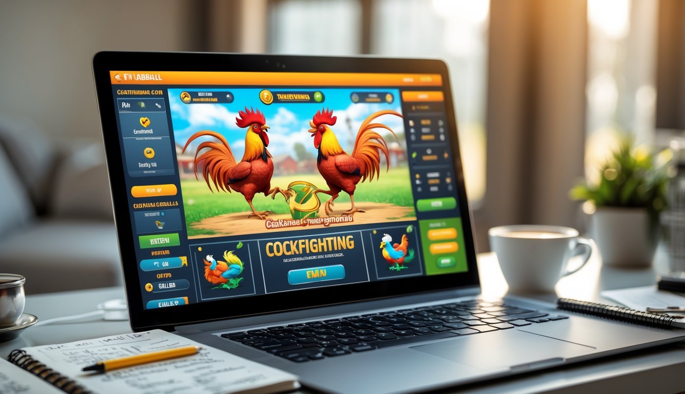 Seorang pemula sedang belajar bermain judi sabung ayam online di depan komputer dengan catatan dan kopi di meja.
