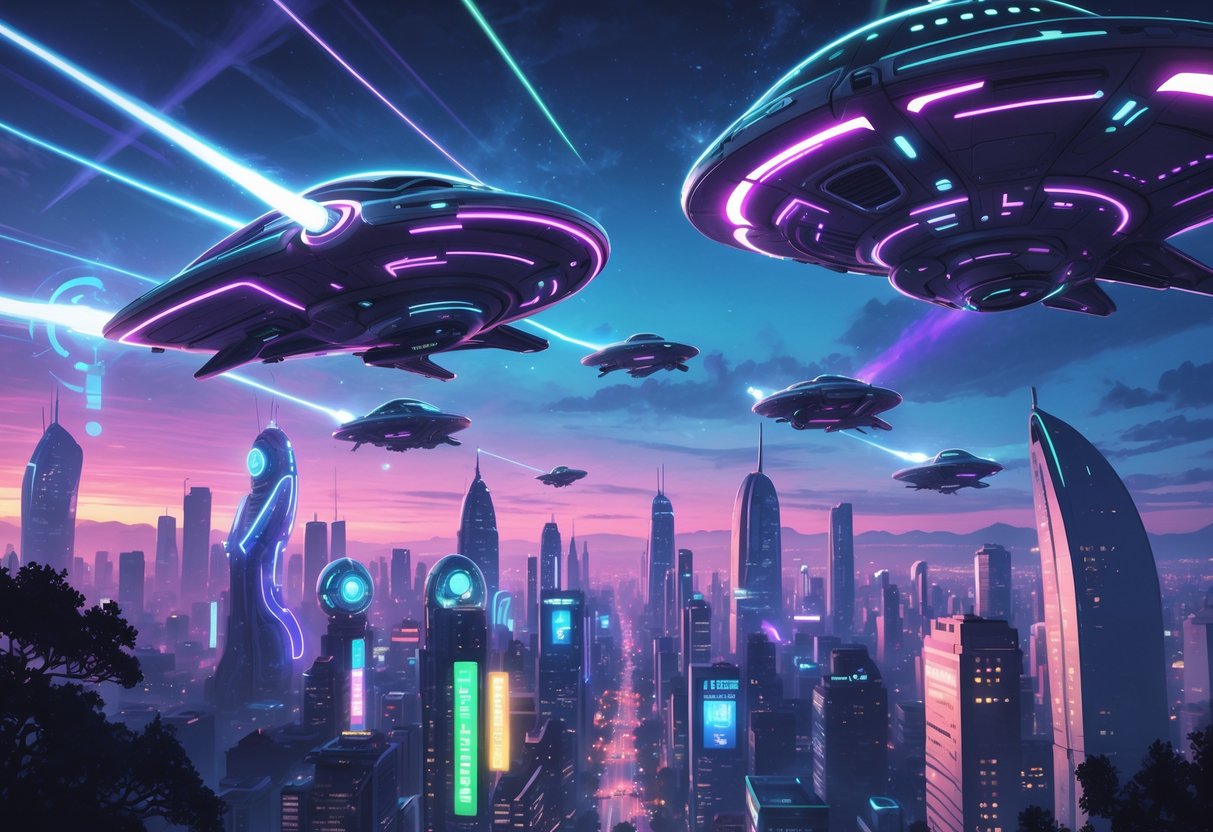 Adegan serangan alien dengan pesawat luar angkasa futuristik di atas kota yang ramai, dengan orang-orang menyaksikan peristiwa tersebut.