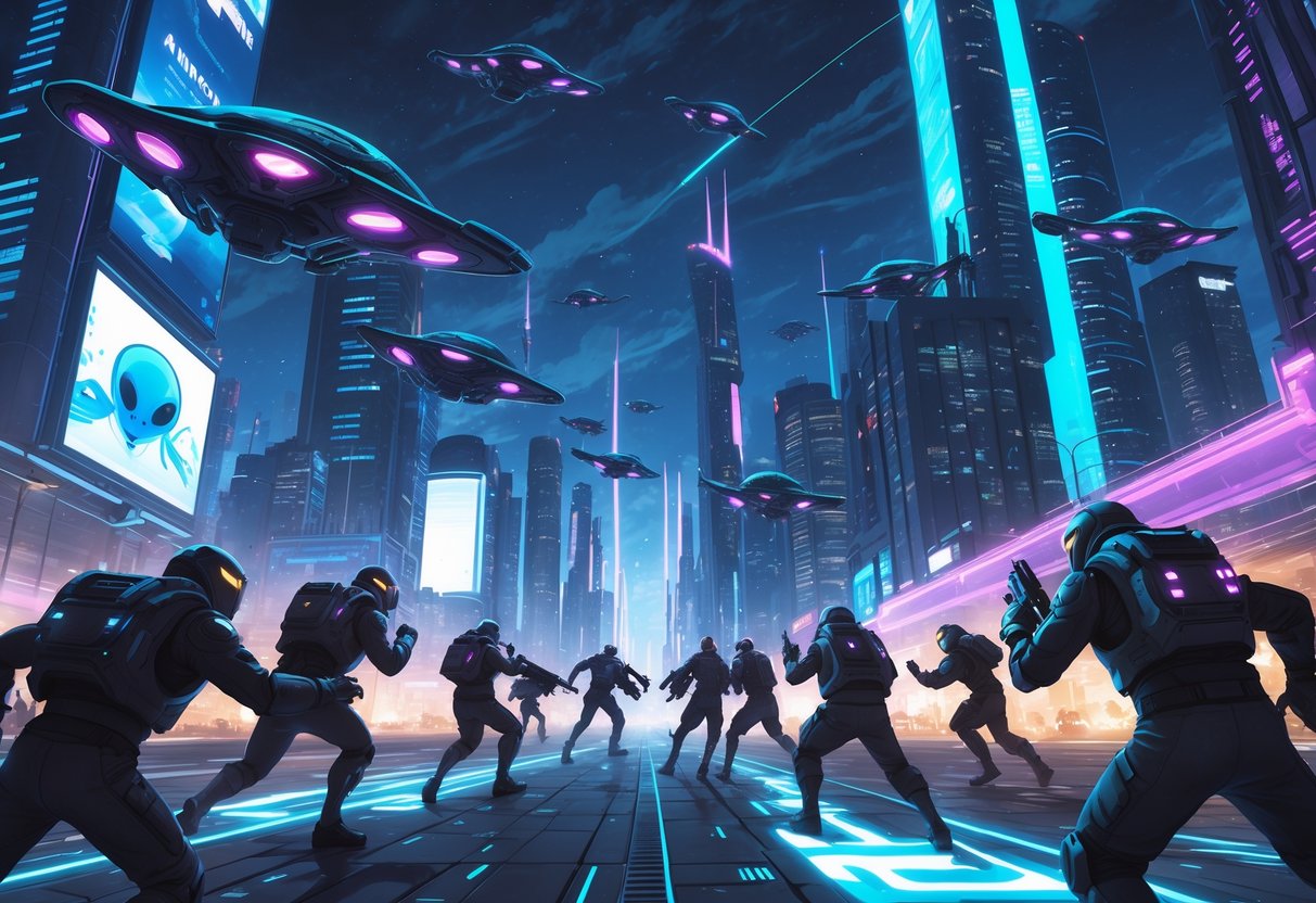 Sekelompok manusia melawan serangan alien di sebuah kota futuristik yang terang dan penuh energi pada malam hari.