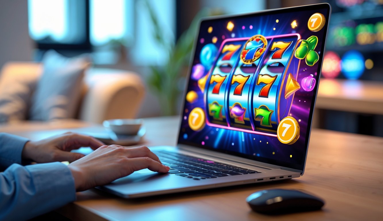 Layar komputer menampilkan permainan slot online dengan simbol warna-warni di lingkungan rumah atau kantor yang nyaman.