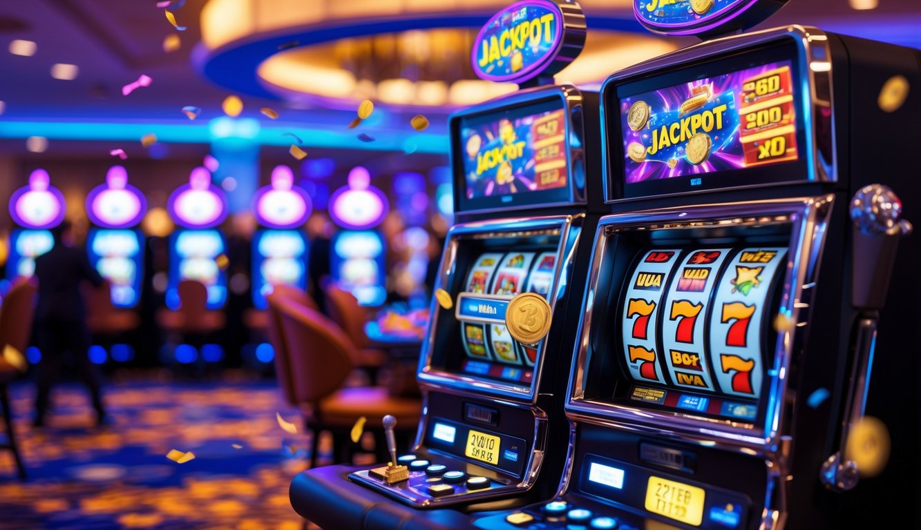 Mesin slot modern di kasino dengan lampu warna-warni dan animasi kemenangan jackpot, suasana ramai dan menyenangkan.