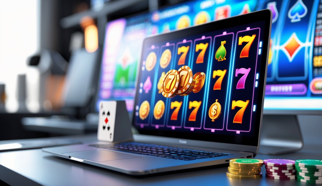 Sebuah layar komputer menampilkan permainan mesin slot online dengan simbol warna-warni di atas meja kerja yang rapi.