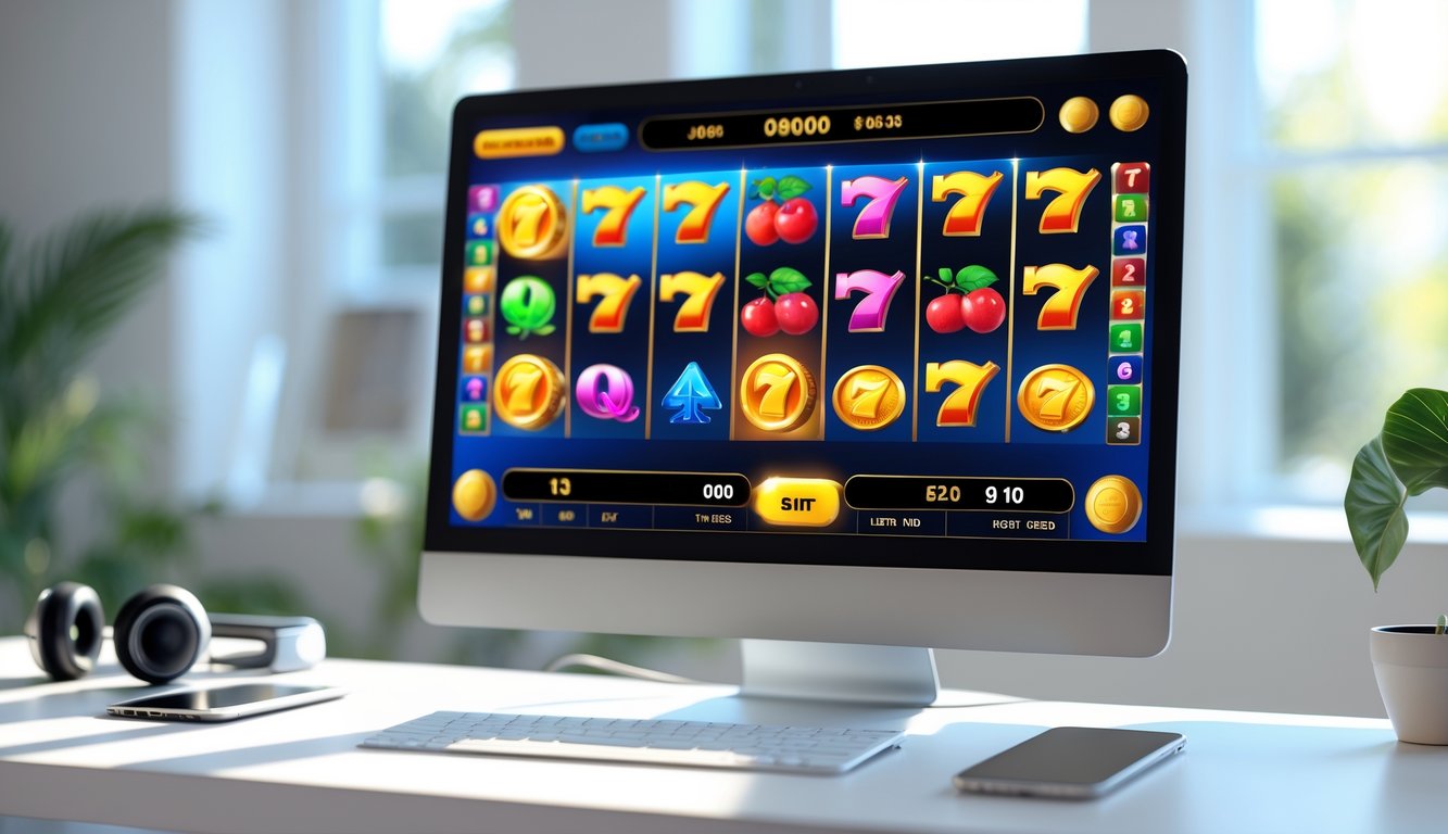 Tampilan mesin slot digital berwarna cerah di layar komputer di ruang kerja modern dengan perangkat teknologi di sekitar.