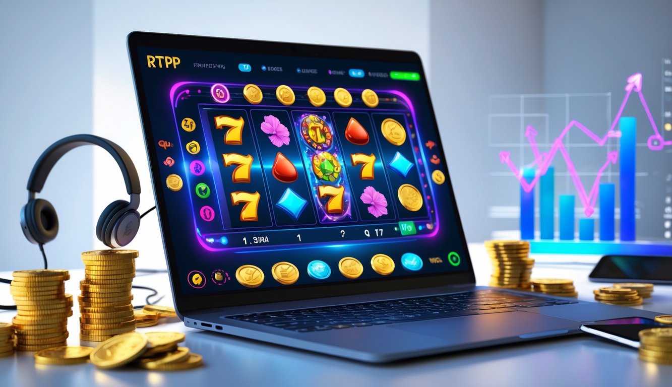 Seorang pengguna sedang bermain permainan slot online di komputer dengan koin emas dan grafik naik di sekitar perangkat.