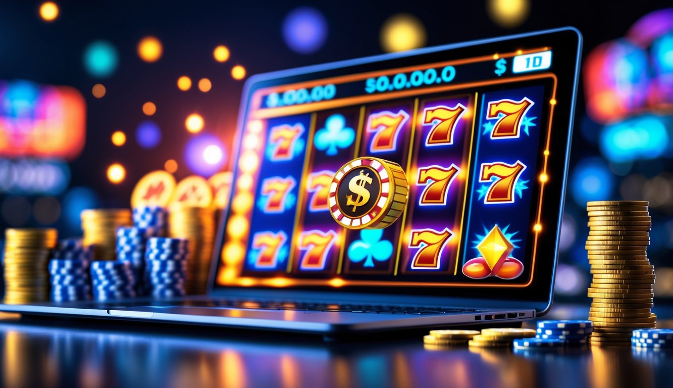 Layar komputer menampilkan permainan mesin slot dengan simbol warna-warni dan tumpukan koin serta chip poker di sekitarnya.