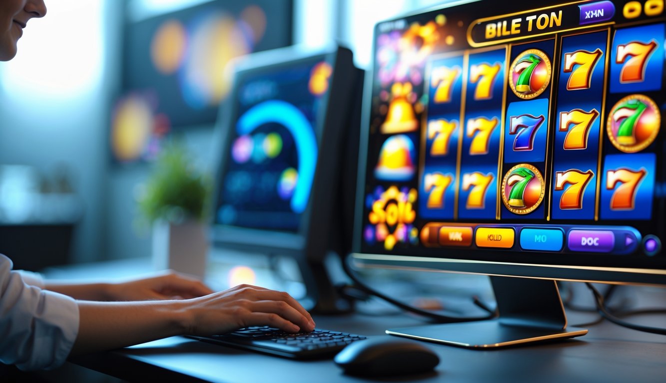 Seseorang menggunakan komputer dengan layar menampilkan permainan slot online berwarna-warni di ruang kerja yang modern dan terang.