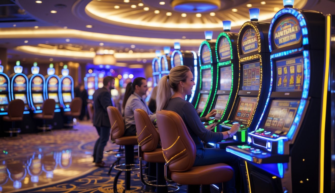 Area mesin slot kasino dengan beberapa orang sedang bermain dan mesin slot berwarna-warni menyala.