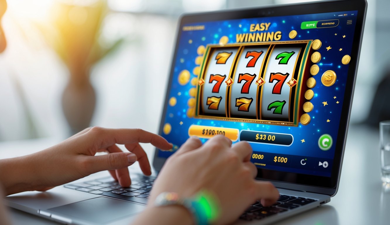 Seseorang menggunakan laptop atau ponsel untuk bermain judi slot online dengan ekspresi senang dan percaya diri.