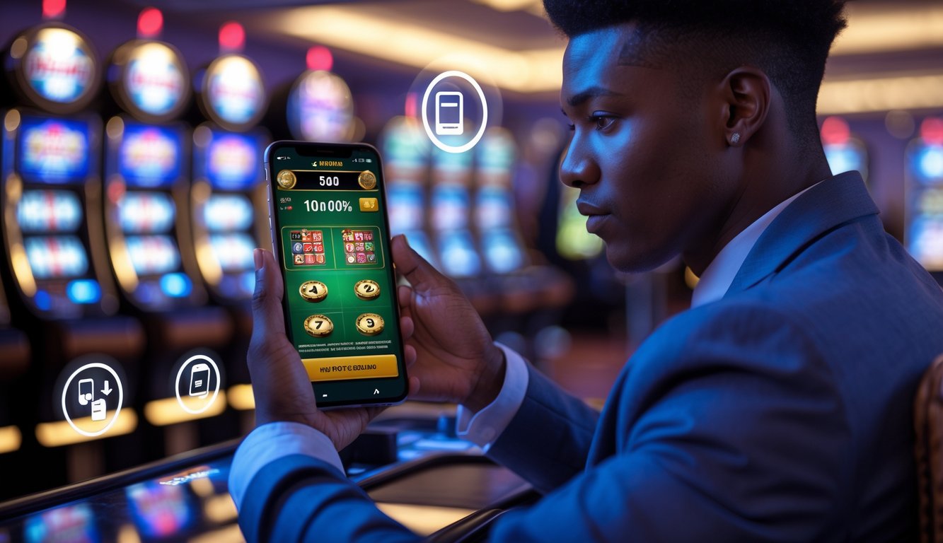 Seorang dewasa muda menggunakan ponsel dengan layar yang menampilkan permainan slot, dikelilingi oleh ikon digital yang melambangkan transaksi mudah dan aman.
