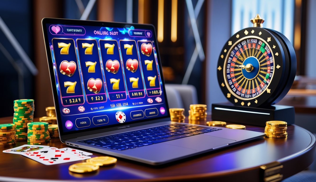 Sebuah meja dengan komputer menampilkan permainan slot dan roda roulette digital dengan chip dan kartu di sekitarnya.