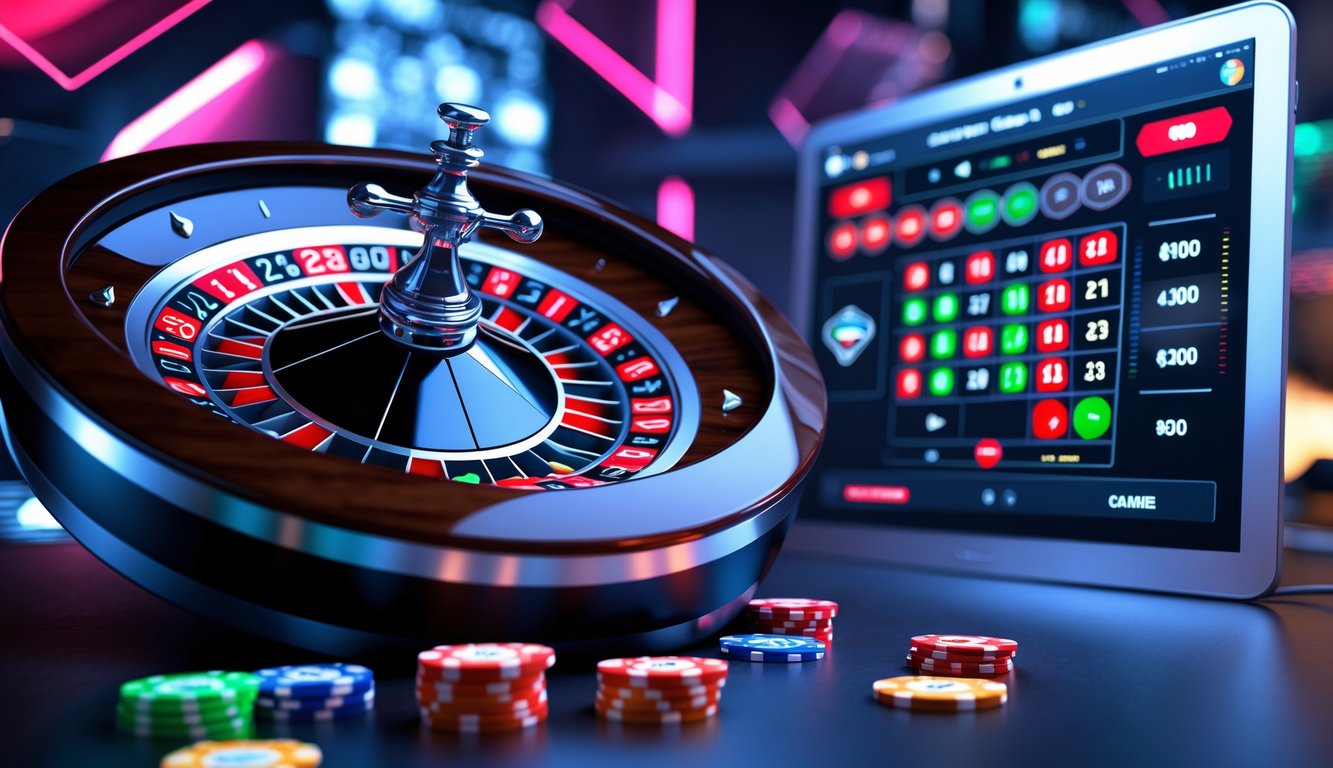 Meja roulette online dengan roda roulette berputar dan layar perangkat digital menampilkan permainan taruhan.