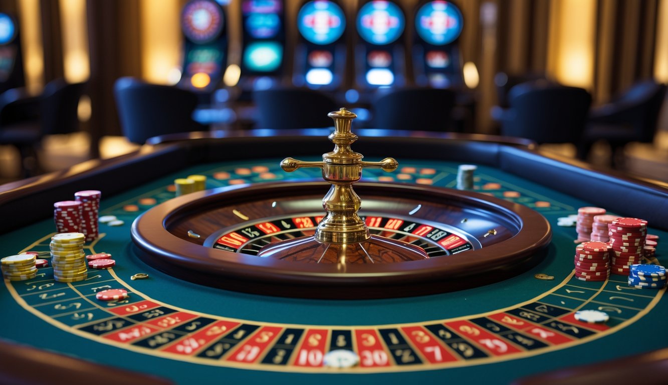 Meja roulette kasino mewah dengan roda roulette yang sedang berputar dan tumpukan chip taruhan berwarna-warni di sekitarnya.