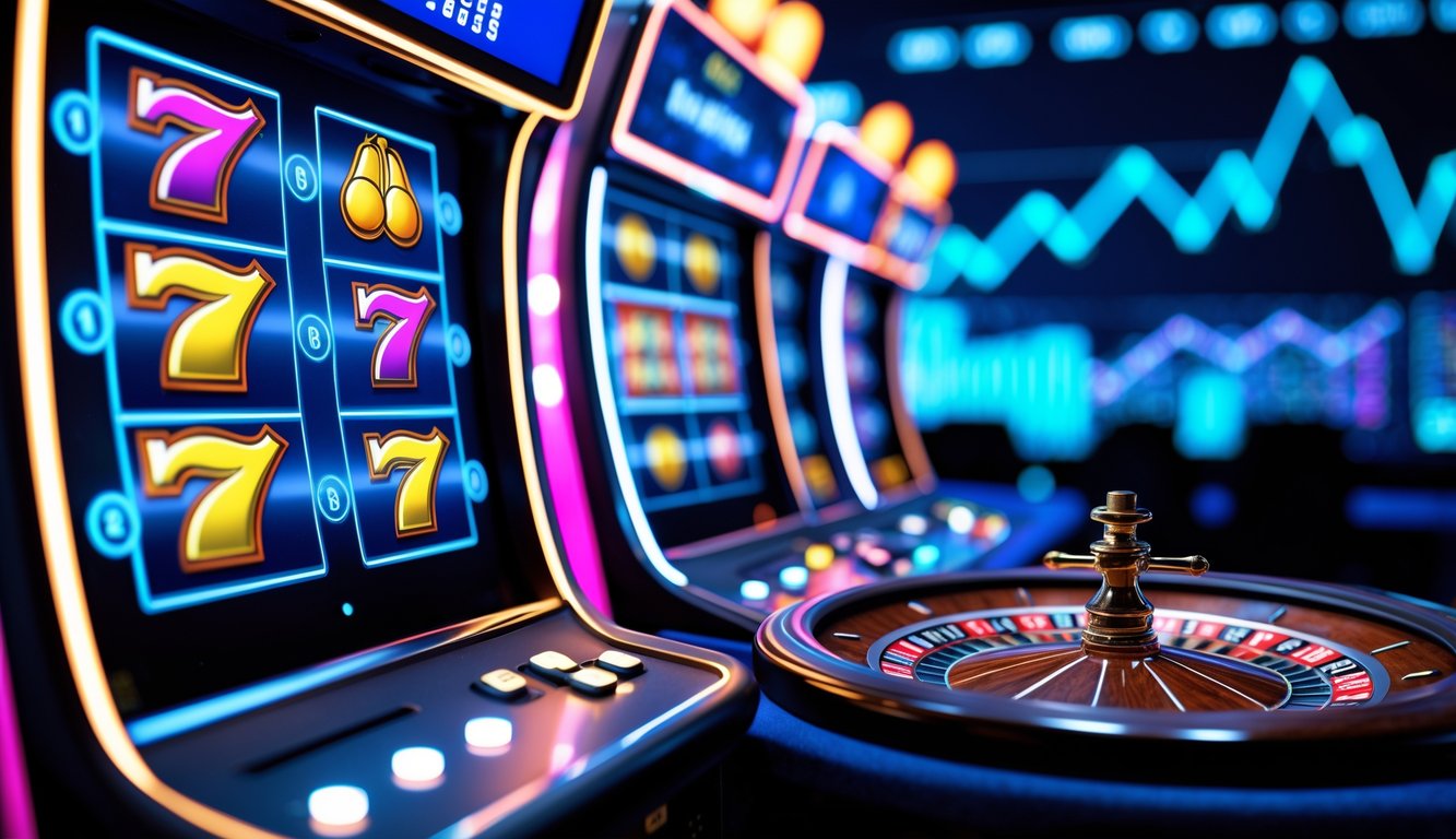 Pemandangan kasino online dengan mesin slot berwarna-warni dan roda roulette yang sedang berputar.