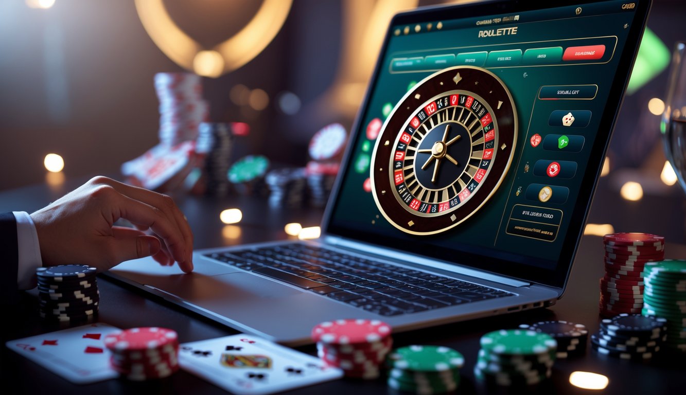 Layar komputer menampilkan roda roulette digital dengan chip poker dan kartu di sekitarnya.