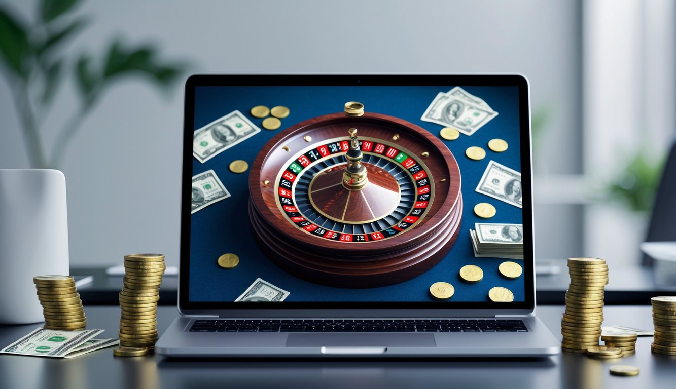 Sebuah layar komputer menampilkan permainan roulette online dengan uang asli, di meja yang rapi dan terang.