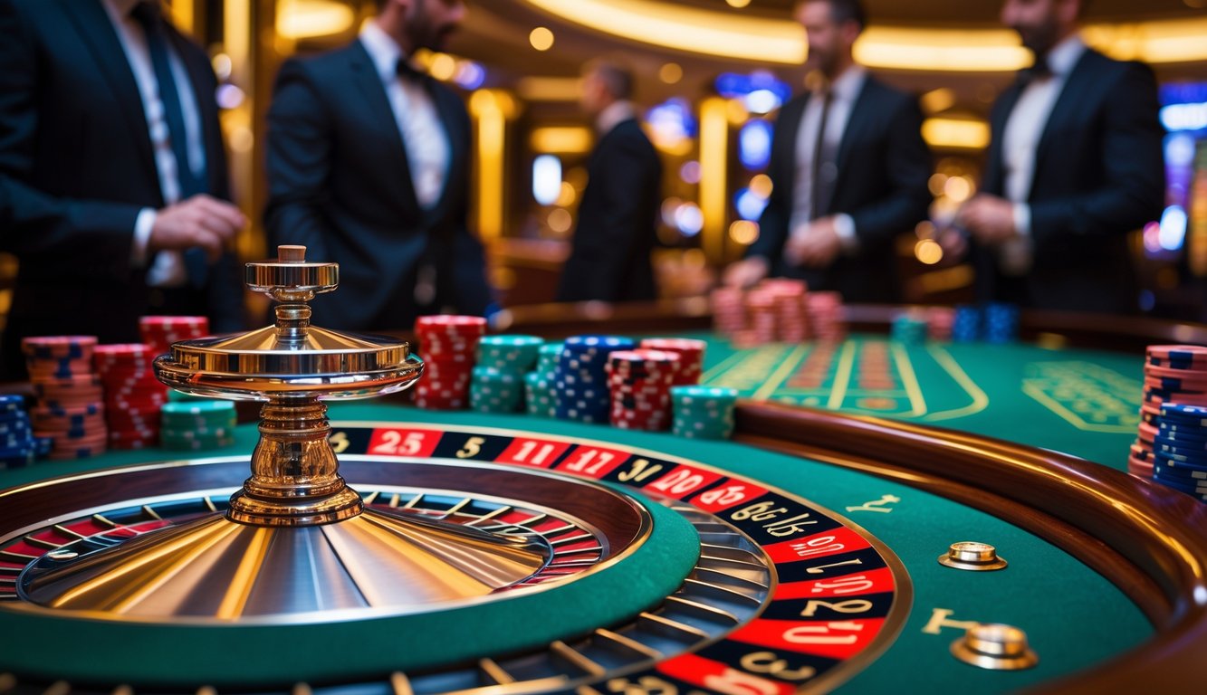 Meja roulette di kasino dengan roda roulette berputar dan tumpukan chip, dikelilingi oleh pemain yang sedang fokus bermain.